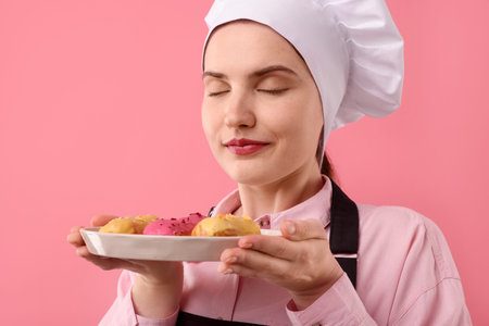 Confectioner holding delicious eclairs on pink background