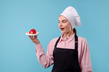 Confectioner with delicious dessert on light blue backgroundの写真素材