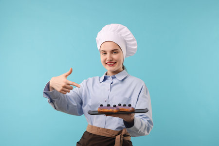 Confectioner with delicious eclairs on light blue backgroundの写真素材