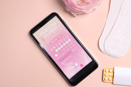 Smartphone with period calendar application, menstrual products and flower on beige background, flat layの写真素材