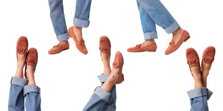 Women showing shoes on white background, closeup. Collage of photos