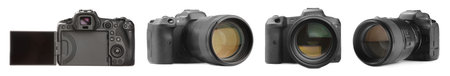 Modern photo camera isolated on white, set. View from different sides
