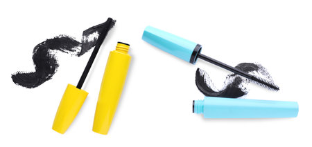 Different mascaras and smears on white background, collage. Top viewの写真素材