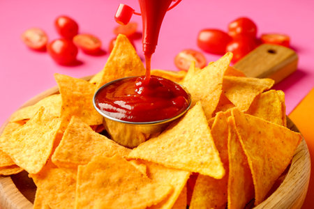 Pouring tasty ketchup in bowl with nachos on pink background, closeupの写真素材