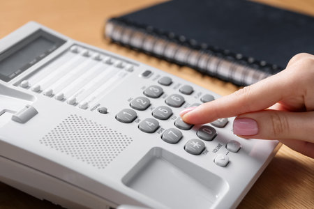 Woman dialing number on telephone at wooden table, closeup