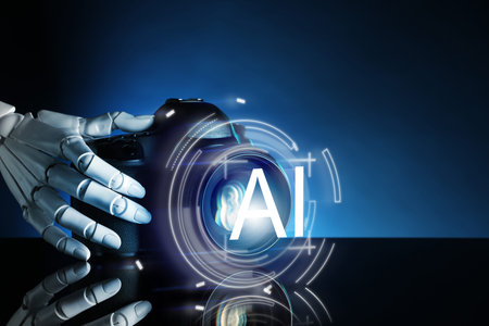 Artificial intelligence. Robot hand with digital camera dark blue background