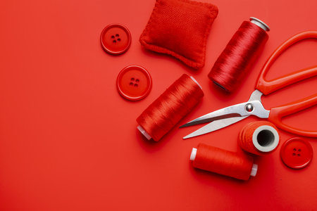 Different sewing supplies on red background, flat lay. Space for textの写真素材