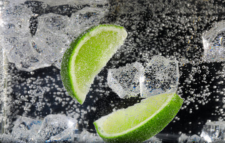 Soda water with lime wedges and ice cubes on black background, closeupの写真素材