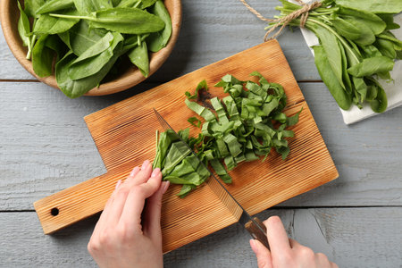 Woman cutting fresh sorrel leaves at grey wooden table, top viewの写真素材