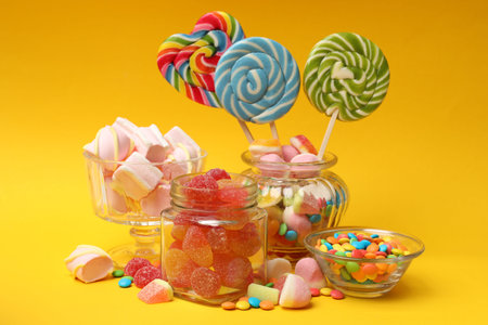 Many different tasty candies on yellow backgroundの写真素材