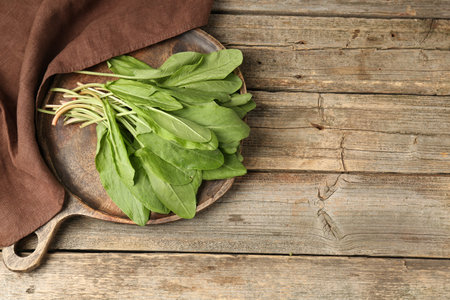 Fresh green sorrel leaves on wooden table, top view. Space for text