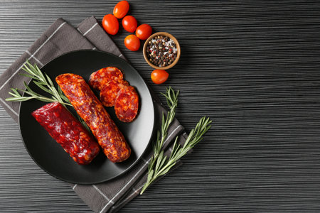 Cut smoked sausages, rosemary, peppercorns and tomatoes on black wooden table, flat lay. Space for textの写真素材
