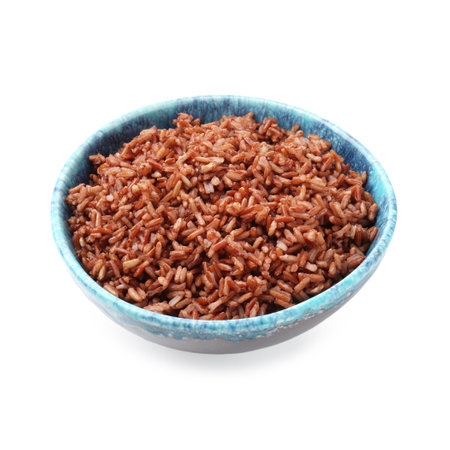 Delicious brown rice in bowl isolated on whiteの写真素材