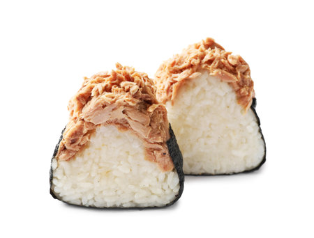 Tasty onigiri (Japanese rice balls) with tuna on white backgroundの写真素材