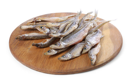 Dried salted smelt fish isolated on whiteの写真素材