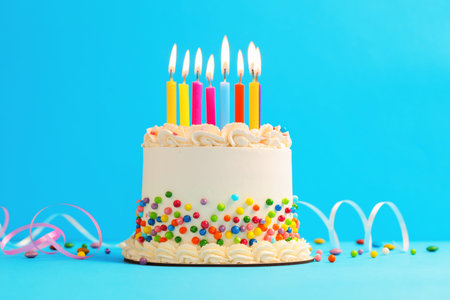 Delicious bento cake with colorful sprinkles, candles and serpentine streamers on light blue table,...