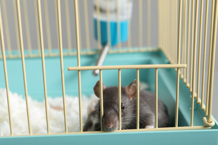 Adorable little rat peeking out of cage, closeupの写真素材
