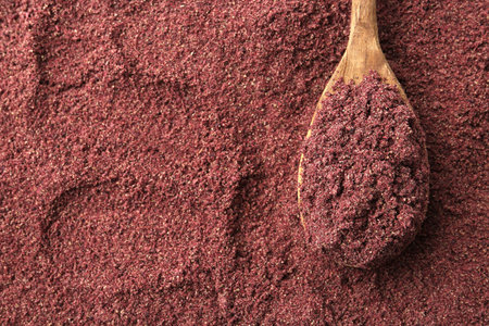 Superfood. Black currant powder and spoon, top view