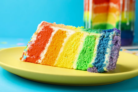 Piece of delicious rainbow cake on light blue table, closeupの写真素材