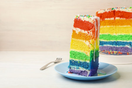 Piece of delicious rainbow cake on white table, closeup. Space for textの写真素材