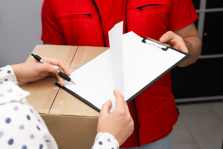 Courier with box and receiver signing for delivered parcel indoors, closeup