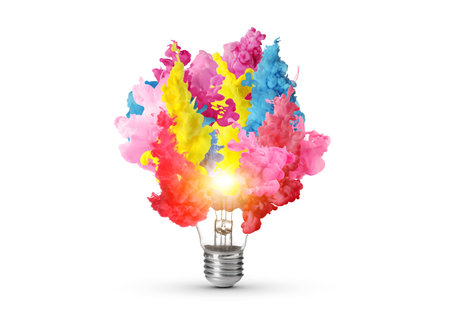 Idea concept. Splashes of bright paints flying out of glowing light bulb on white backgroundの写真素材