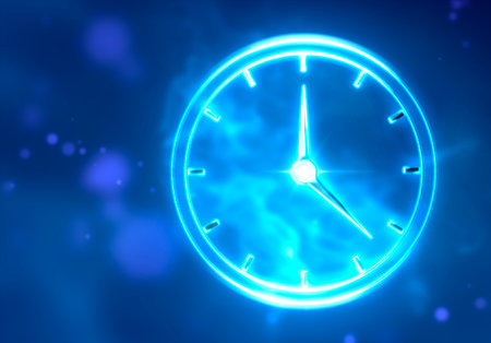 Clock on blue gradient background, space for text. Time conceptの写真素材