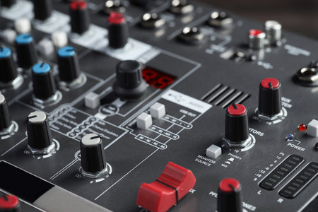 Professional mixing console, closeup. Radio studio equipmentの写真素材