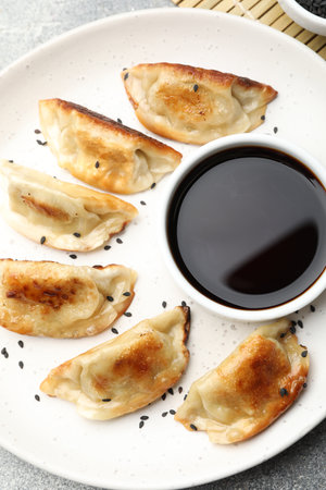 Fried gyoza dumplings with sesame seeds and soy sauce on table, top viewの写真素材