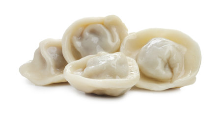 Delicious boiled dumplings (pelmeni) isolated on whiteの写真素材