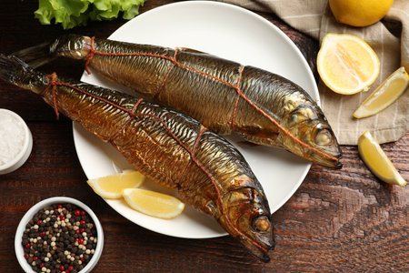 Delicious smoked herrings with lemon slices on wooden table, flat lay