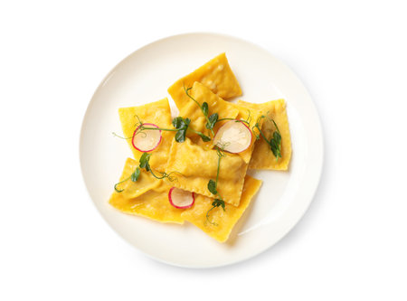 Ravioli with microgreens and radish isolated on white, top viewの写真素材