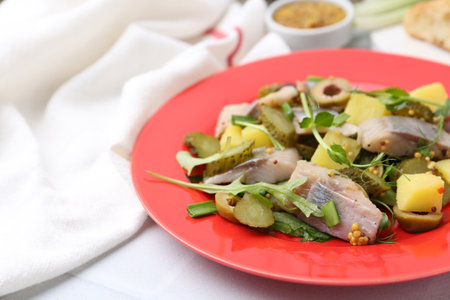 Delicious salad with herring on white tiled table, closeupの写真素材