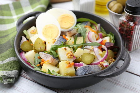Salad with egg and vegetables served on white wooden table, closeupの写真素材