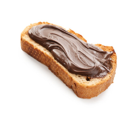 One slice of bread with chocolate spread isolated on whiteの写真素材