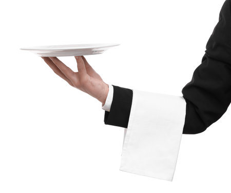 Man with empty plate and napkin on white background, closeupの写真素材