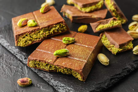 Pieces of chocolate bars with pistachios and knafeh on grey table, closeupの写真素材