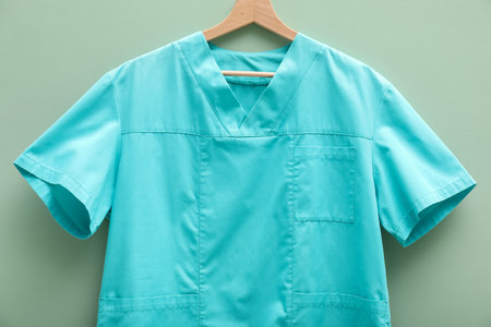 Medical worker uniform on hanger against light green background, closeupの写真素材