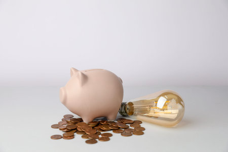Piggy bank, coins and light bulb on gray background, closeup. Energy saving concept