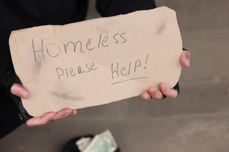Man with sign Homeless please help outdoors, closeupの写真素材
