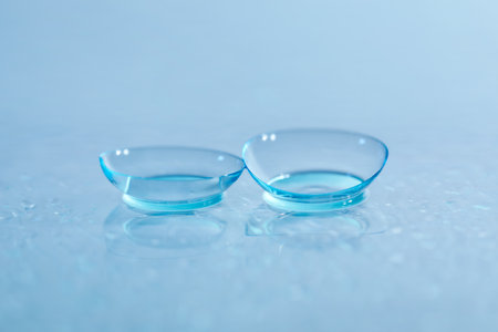 Pair of contact lenses and water drops on light mirror surface, closeupの写真素材