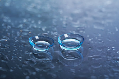 Pair of contact lenses and water drops on color mirror surface, closeupの写真素材