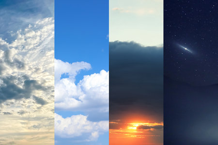 Beautiful sky at different times of day. Sunset, sunrise, night, morningの写真素材