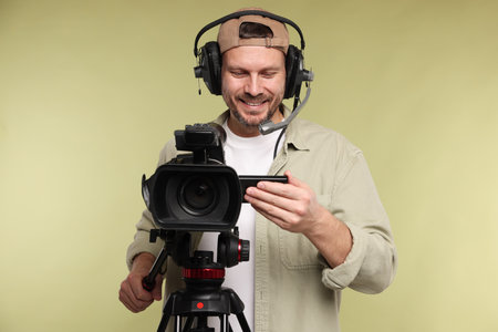 Man with professional video camera and headset on pale olive backgroundの写真素材