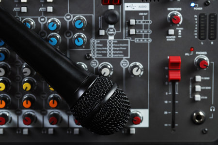 Professional mixing console with microphone, top view. Radio studio equipmentの写真素材