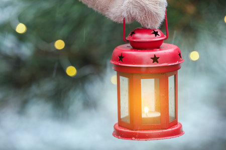 Woman holding Christmas lantern with burning candle in snowy park, closeup and space for text. Bokeh effectの写真素材