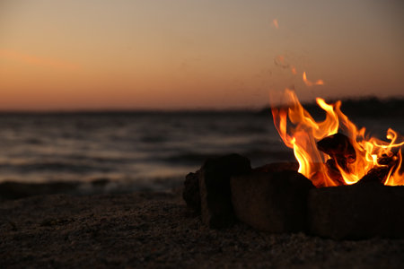 Beautiful bonfire with burning firewood on beach in evening, closeup. Space for textの写真素材