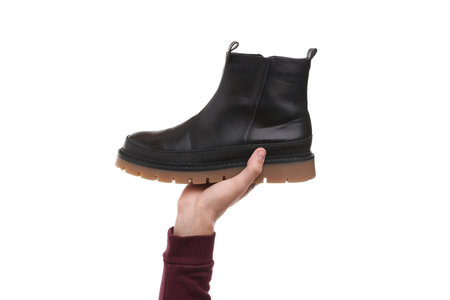 Man with stylish shoe on white background, closeupの写真素材