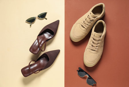 Different stylish shoes and sunglasses on color background, flat layの写真素材
