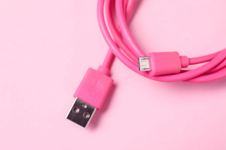 One USB charge cable on pale pink background, top view